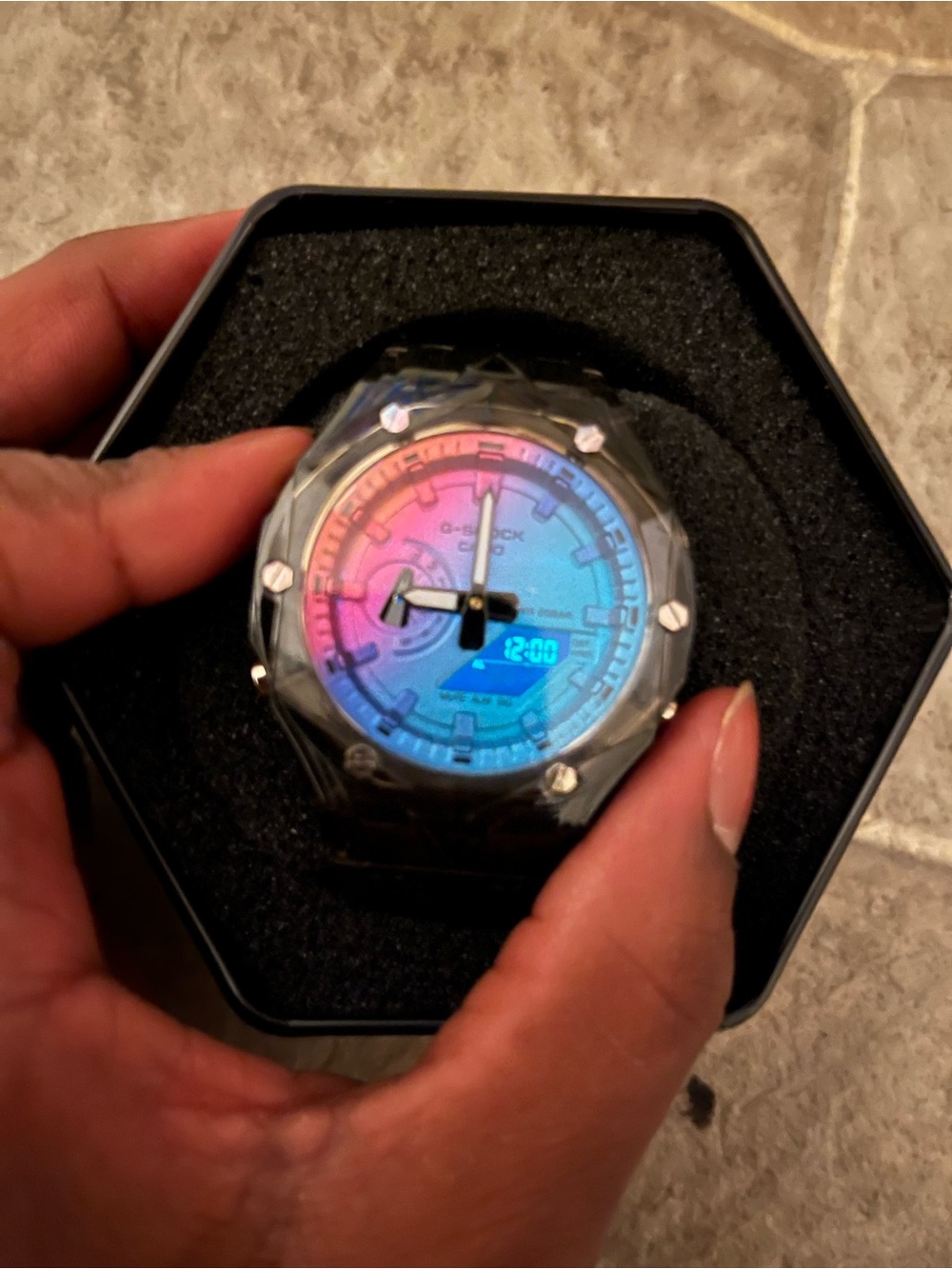 G-Shock Rainbow Gradient Dial Watch — Pink to Blue Face